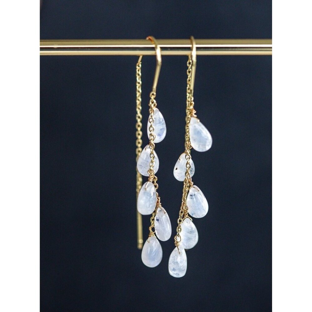 Rainbow Moonstone Threader Earrings Gemstone Dangle Earring Non-tarnish Gold
